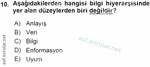 10. soru: Aşağıdakilerden hangisi bilgi hiyerarşisinde yer alan düzeylerden biri değildir? A) Anlayış B) Veri C) Bilgi D) Enfor…
