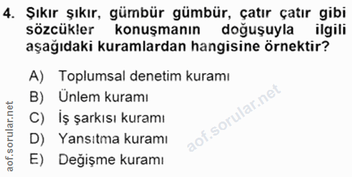 4. soru: Şıkır şıkır, gümbür gümbür, çatır çatır gibi sözcükler konuşmanın doğuşuyla ilgili aşağıdaki kuramlardan hangisine ör…