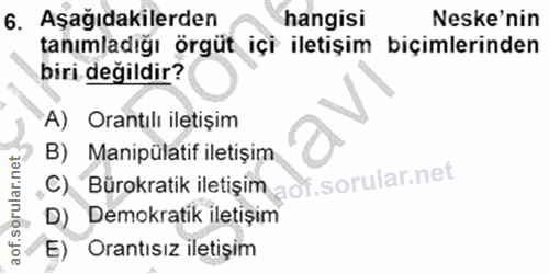 6. soru: Aşağıdakilerden hangisi Neske'nin tanımladığı örgüt içi iletişim biçimlerinden biri değildir? A) Orantılı iletişim B)…