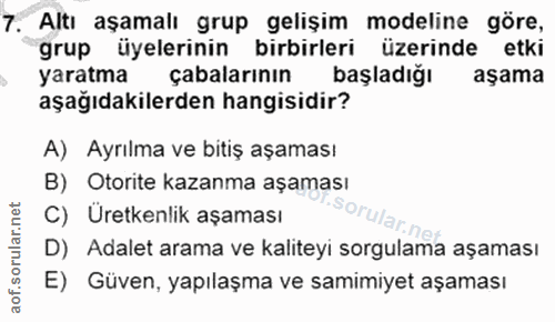 7. soru: Altı aşamalı grup gelişim modeline göre, grup üyelerinin birbirleri üzerinde etki yaratma çabalarının başladığı aşama…
