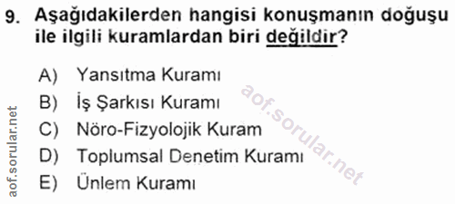 9. soru: Aşağıdakilerden hangisi konuşmanın doğuşu ile ilgili kuramlardan biri değildir? A) Yansıtma Kuramı B) İş Şarkısı Kura…