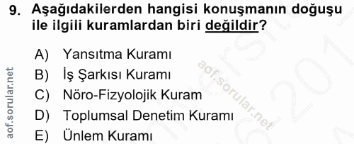 9. soru: Aşağıdakilerden hangisi konuşmanın doğuşu ile ilgili kuramlardan biri değildir? A) Yansıtma Kuramı B) İş Şarkısı Kura…
