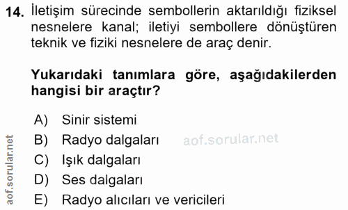 14. soru: İletişim sürecinde sembollerin aktarıldığı fiziksel nesnelere kanal; iletiyi sembollere dönüştüren teknik ve fiziki n…