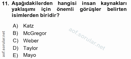 11. soru: Aşağıdakilerden hangisi insan kaynakları yaklaşımı için önemli görüşler belirten isimlerden biridir? A) Katz B) McGre…