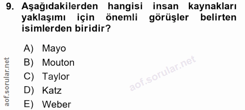9. soru: Aşağıdakilerden hangisi insan kaynakları yaklaşımı için önemli görüşler belirten isimlerden biridir? A) Mayo B) Mouto…
