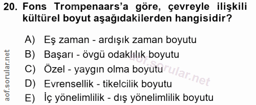 20. soru: Fons Trompenaars'a göre, çevreyle ilişkili kültürel boyut aşağıdakilerden hangisidir? A) Eş zaman - ardışık zaman boy…