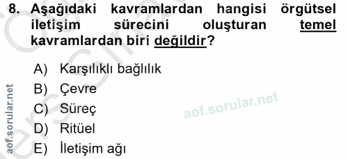 8. soru: Aşağıdaki kavramlardan hangisi örgütsel iletişim sürecini oluşturan temel kavramlardan biri değildir? A) Karşılıklı b…