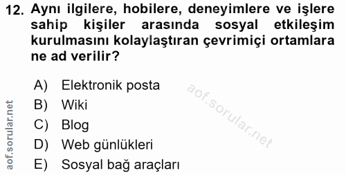 12. soru: Aynı ilgilere, hobilere, deneyimlere ve işlere sahip kişiler arasında sosyal etkileşim kurulmasını kolaylaştıran çevr…