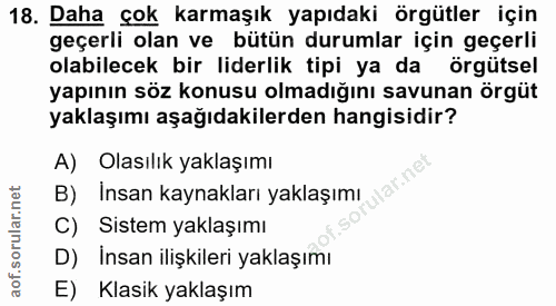18. soru: Daha çok karmaşık yapıdaki örgütler için geçerli olan ve bütün durumlar için geçerli olabilecek bir liderlik tipi ya…