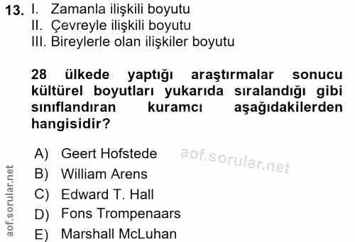 13. soru: I. Zamanla ilişkili boyutu Il. Çevreyle ilişkili boyutu Ill. Bireylerle olan ilişkiler boyutu 28 ülkede yaptığı araşt…
