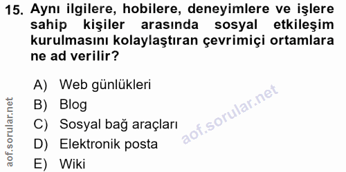 15. soru: Aynı ilgilere, hobilere, deneyimlere ve işlere sahip kişiler arasında sosyal etkileşim kurulmasını kolaylaştıran çevr…