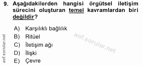 9. soru: Aşağıdakilerden hangisi örgütsel iletişim sürecini oluşturan temel kavramlardan biri değildir? A) Karşılıklı bağlılık…