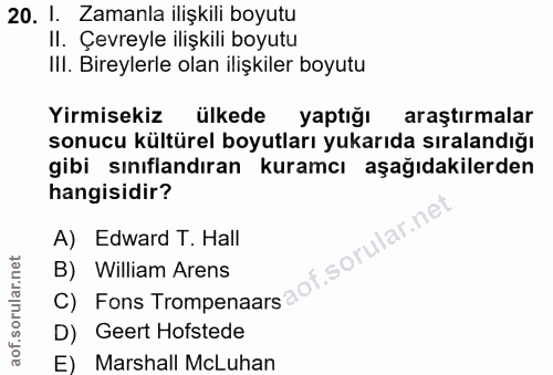 20. soru: 1. Zamanla ilişkili boyutu II. Çevreyle ilişkili boyutu Ill. Bireylerle olan ilişkiler boyutu Yirmisekiz ülkede yaptı…