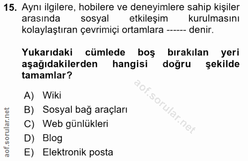 15. soru: Aynı ilgilere, hobilere ve deneyimlere sahip kişiler arasında sosyal etkileşim kurulmasını kolaylaştıran çevrimiçi or…