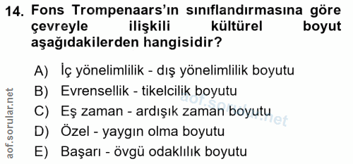 14. soru: Fons Trompenaars'in sinıflandırmasına göre çevreyle ilişkili kültürel boyut aşağıdakilerden hangisidir? A) Iç yönelim…