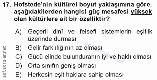 17. soru: Hofstede'nin kültürel boyut yaklaşımına göre, aşağıdakilerden hangisi güç mesafesi yüksek olan kültürlere ait bir öze…
