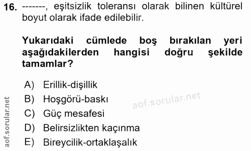 16. soru: — eşitsizlik toleransı olarak bilinen kültürel boyut olarak ifade edilebilir. Yukarıdaki cümlede boş bırakılan yeri a…