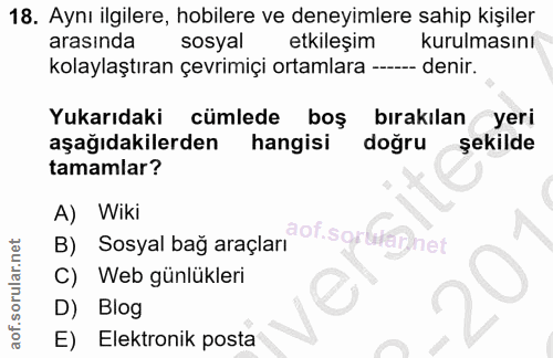 18. soru: Aynı ilgilere, hobilere ve deneyimlere sahip kişiler arasında sosyal etkileşim kurulmasını kolaylaştıran çevrimiçi or…