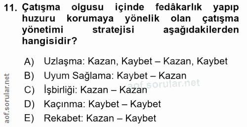 11. soru: Çatışma olgusu içinde fedâkarlık yapıp huzuru korumaya yönelik olan çatışma yönetimi stratejisi | aşağıdakilerden han…