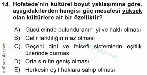 14. soru: Hofstede'nin kültürel boyut yaklaşımına göre, aşağıdakilerden hangisi güç mesafesi yüksek olan kültürlere ait bir öze…