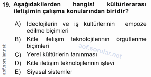 19. soru: Aşağıdakilerden hangisi kültürlerarası iletişimin çalışma konularından biridir? A) İdeolojilerin ve iş kültürlerinin…