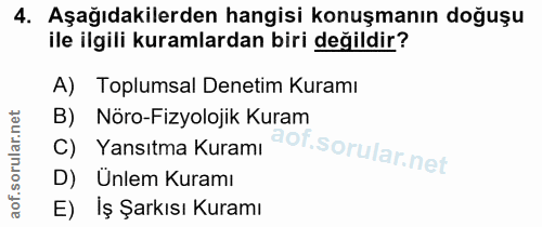 4. soru: Aşağıdakilerden hangisi konuşmanın doğuşu ile ilgili kuramlardan biri değildir? A) Toplumsal Denetim Kuramı B) Yansıt…