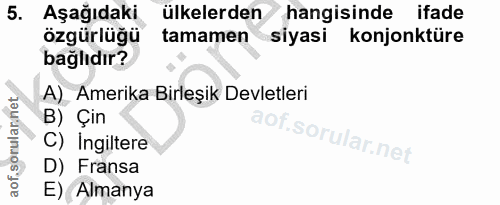 5. soru: Aşağıdaki ülkelerden hangisinde ifade özgürlüğü tamamen siyasi konjonktüre bağlıdır? A) Amerika Birleşik Devletleri B…