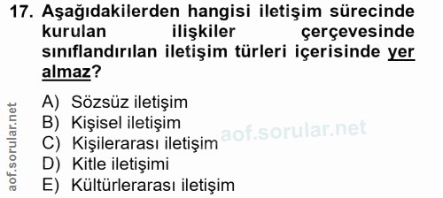 17. soru: Aşağıdakilerden hangisi iletişim sürecinde kurulan ilişkiler çerçevesinde sınıflandırılan iletişim türleri içerisinde…
