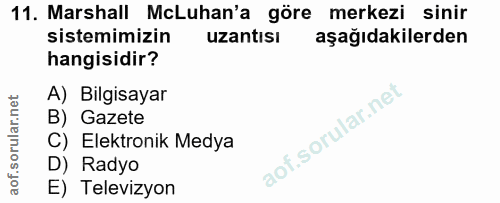 11. soru: Marshall McLuhan'a göre merkezi sinir sistemimizin uzantısı aşağıdakilerden hangisidir? A) Bilgisayar B) Gazete C) El…