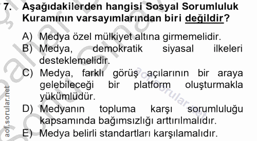 7. soru: Aşağıdakilerden hangisi Sosyal Sorumluluk Kuramının varsayımlarından biri değildir? A) Medya özel mülkiyet altına gir…