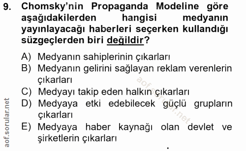 9. soru: Chomsky'nin Propaganda Modeline göre aşağıdakilerden hangisi medyanın yayınlayacağı haberleri seçerken kullandığı süz…