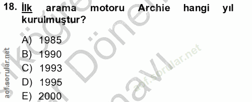 18. soru: Ilk arama motoru Archie hangi yıl kurulmuştur? A) 1985 B) 1990 ordar.net C) 1993 D) 1995 E) 2000