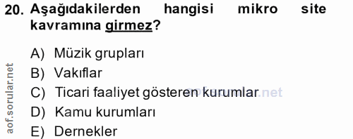 20. soru: Aşağıdakilerden hangisi mikro site kavramına girmez? A) Müzik grupları B) Vakıflar C) Ticari faaliyet gösteren kuruml…