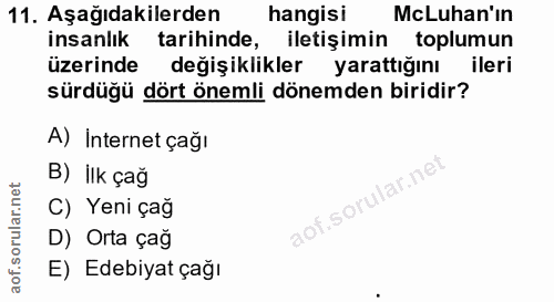 11. soru: Aşağıdakilerden hangisi McLuhan'ın insanlık tarihinde, iletişimin toplumun üzerinde değişiklikler yarattığını ileri s…