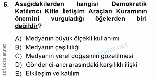 5. soru: Aşağıdakilerden hangisı Demokratik Katılımcı Kitle İletişim Araçları Kuramının önemini vurguladiğı öğelerden biri değ…