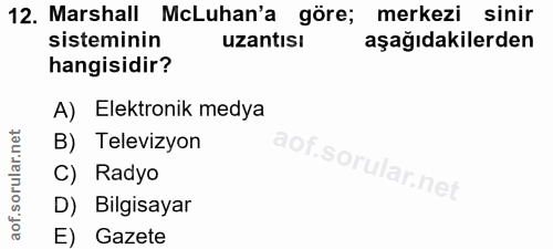 12. soru: Marshall McLuhan'a göre; merkezi sinir sisteminin uzantısı aşağıdakilerden hangisidir? A) Elektronik medya B) Televiz…