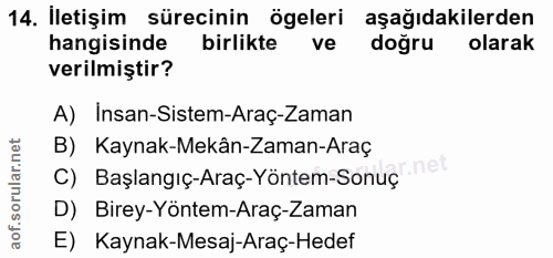 14. soru: İletişim sürecinin ögeleri aşağıdakilerden hangisinde birlikte ve doğru olarak verilmiştir? A) Insan-Sistem-Araç-Zama…