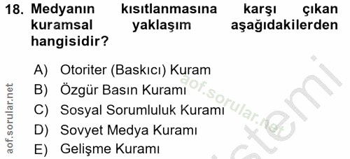 18. soru: Medyanın kısıtlanmasına karşı çıkan kuramsal yaklaşım aşağıdakilerden hangisidir? A) Otoriter (Baskıcı) Kuram C) Sosy…