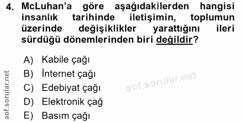 4. soru: McLuhan'a göre aşağıdakilerden hangisi insanlık tarihinde iletişimin, toplumun üzerinde s değişiklikler yarattığını i…
