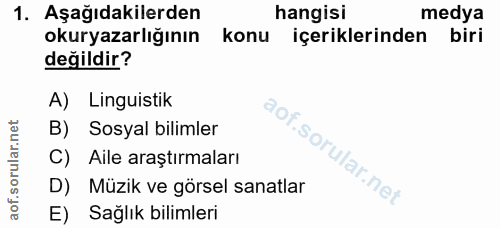 1. soru: Aşağıdakilerden hangisi medya okuryazarlığının konu içeriklerinden biri değildir? A) Linguistik B) Sosyal bilimler C)…