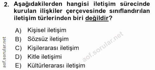 2. soru: Aşağıdakilerden hangisi iletişim sürecinde kurulan ilişkiler çerçevesinde sınıflandırılan iletişim türlerinden biri d…