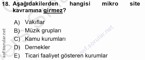 18. soru: Aşağıdakilerden hangisi mikro site kavramına girmez? A) Vakıflar B) Müzik grupları llar.net C) Kamu kurumları D) Dern…