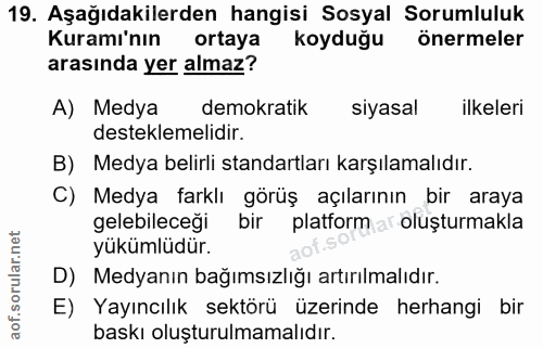 19. soru: Aşağıdakilerden hangisi Sosyal Sorumluluk Kuramı'nın ortaya koyduğu önermeler arasında yer almaz? A) Medya demokratik…