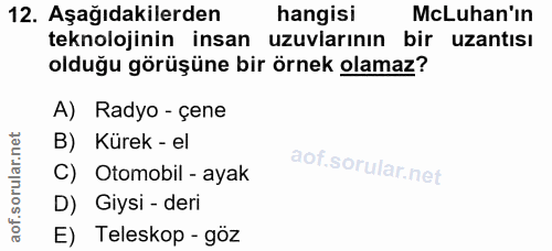12. soru: Aşağıdakilerden hangisi McLuhan'ın teknolojinin insan uzuvlarının bir uzantısı olduğu görüşüne bir örnek olamaz? A) R…