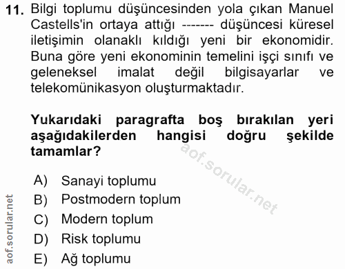 11. soru: Bilgi toplumu düşüncesinden yola çıkan Manuel Castells'in ortaya attığı --- düşüncesi küresel iletişimin olanaklı kıl…