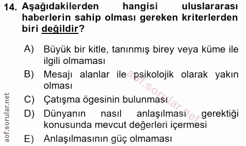 14. soru: Aşağıdakilerden hangisi uluslararası haberlerin sahip olması gereken kriterlerden biri değildir? A) Büyük bir kitle,…