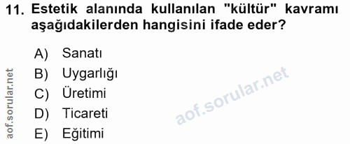 11. soru: Estetik alanında kullanılan "kültür" kavramı aşağıdakilerden hangisini ifade eder? A) Sanatı B) Uygarlığı Üretimi D)…