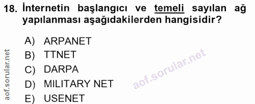 18. soru: İnternetin başlangıcı ve temeli sayılan ağ yapılanması aşağıdakilerden hangisidir? A) ARPANET B) TTNET C) DARPA D) MI…