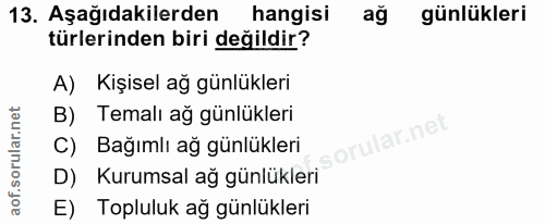 13. soru: Aşağıdakilerden hangisi günlükleri türlerinden biri değildir? A) Kişisel ağ günlükleri B) Temalı ağ günlükleri ar.ne…