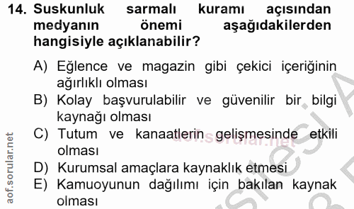 14. soru: Suskunluk sarmalı kuramı açısından medyanın önemi aşağıdakilerden hangisiyle açıklanabilir? A) Eğlence ve magazin gib…